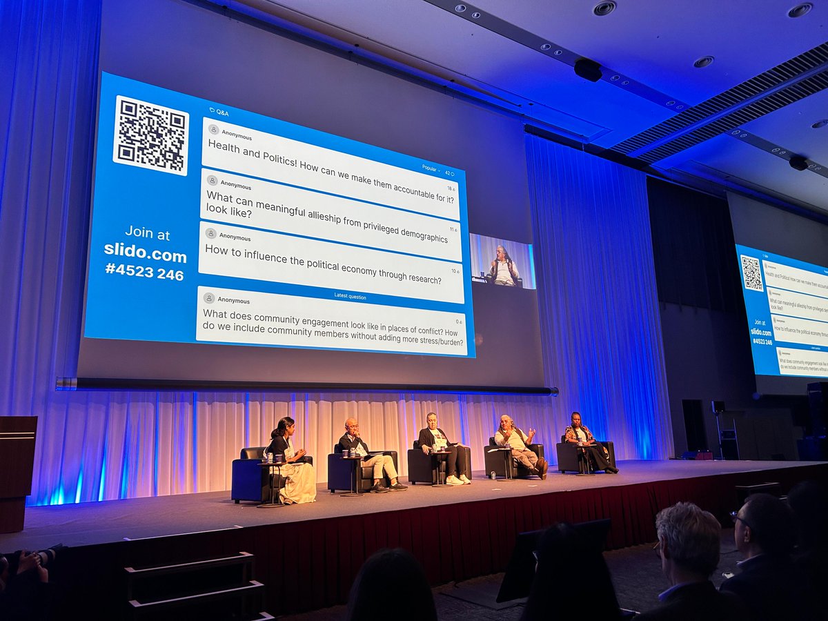 Engaging discussions at #HSRPlenary 2 during #HSR2024 as audience questions challenge the panel on health inequalities. Key themes include the impact of political economy, demographics, and the vital role of community engagement in shaping equitable health systems. 🌍🤝