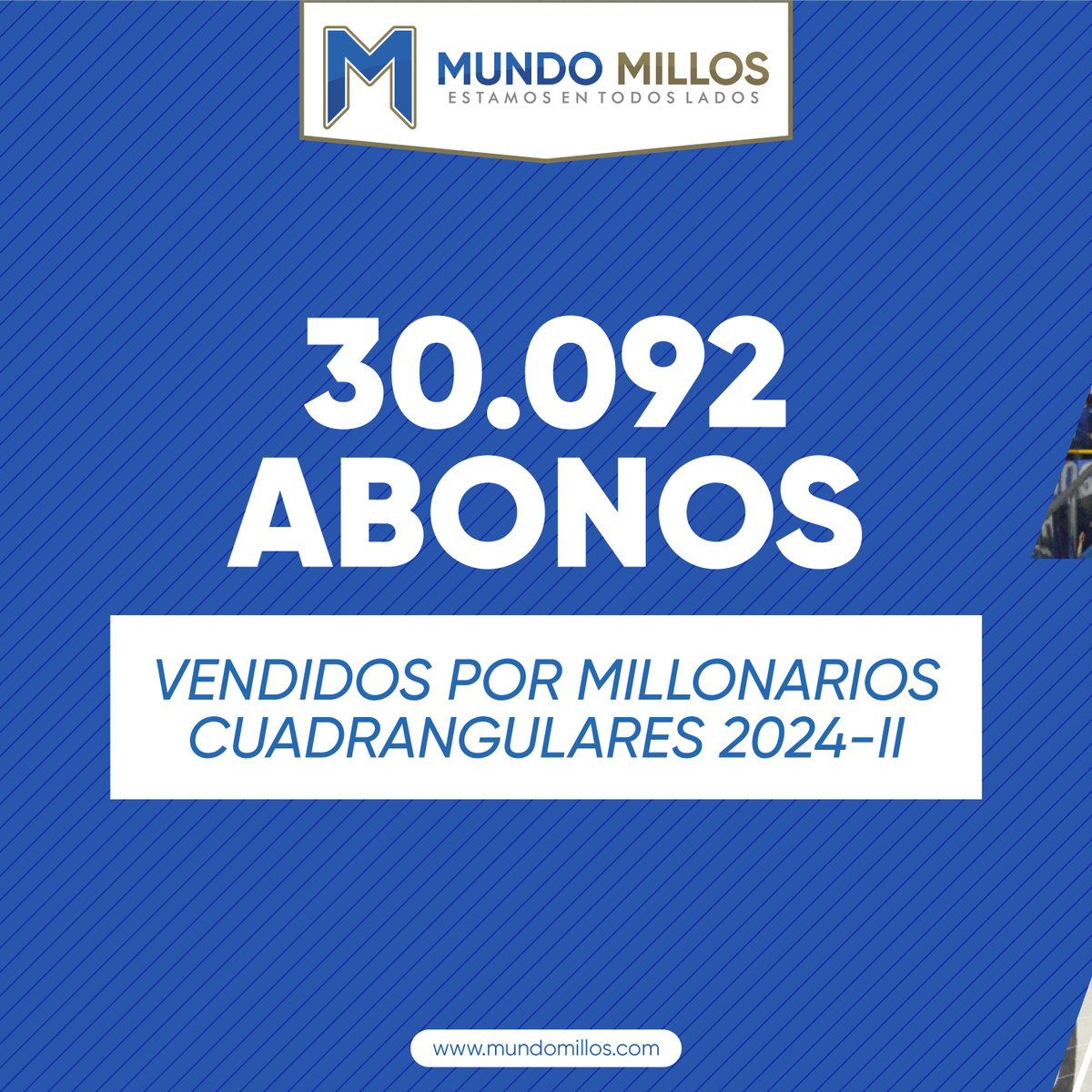 MundoMillos's tweet photo. #OFICIAL Más de 30 mil abonos vendidos reportó #Millonarios para los cuadrangulares semifinales del Finalización. Mañana desde las 8 de la mañana se habilitará la venta de boletería suelta para el partido vs Pasto.

#EstamosEnTodosLados 
#VamosPorLa17 https://t.co/EoAeAFVtxn
