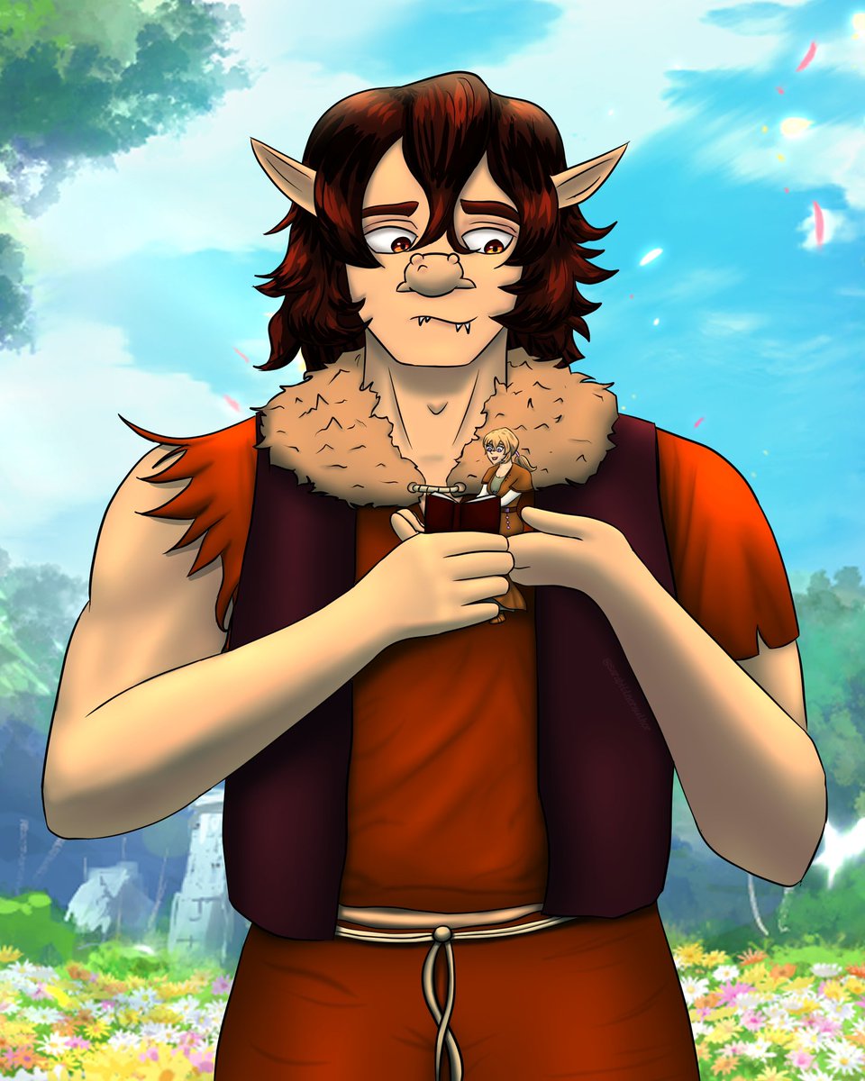 Did a collab with <a href="/Ash_days_/">AshDays Webcomic:🌟The Giant of Greywater🪲</a> where we each drew each other’s characters. Ash’s is an enemies to lovers story and they’re still wildly in the enemies part, but I asked her about what they do when they get to speaking terms and and she said read and garden so I tried to do both!