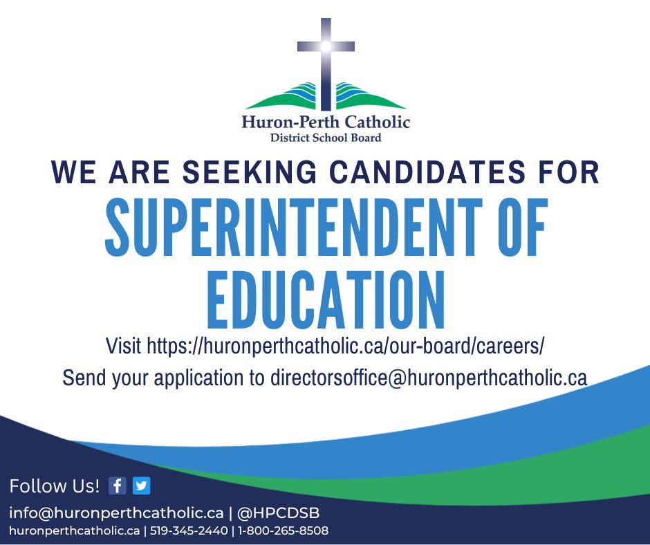 Make a difference in Catholic education in Huron and Perth Counties.  The Board welcomes applications for the position of Superintendent of Education (K-12).  Applications accepted until Nov. 22.   Visit the website for more details huronperthcatholic.ca/our-board/care….