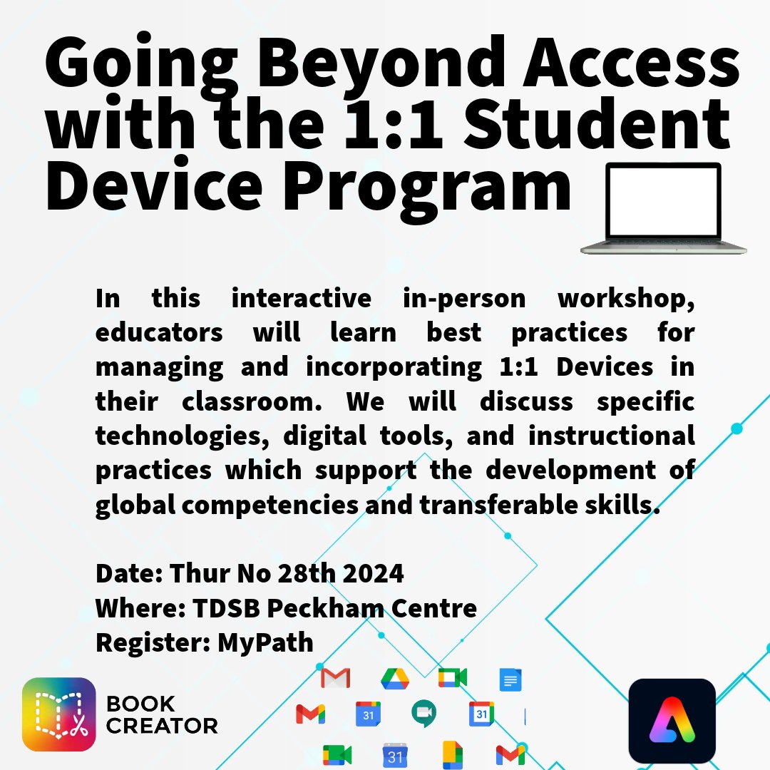 Hey <a href="/tdsb/">Toronto District School Board</a> teachers! If you're interested in learning more about how to engage your students with their 1:1 devices, this workshop might be for you! Sign-up on MyPath!  @TDSB_GC #TechTues <a href="/AdobeExpress/">Adobe Express</a> <a href="/BookCreatorApp/">Book Creator from Kami</a> <a href="/Google/">Google</a>