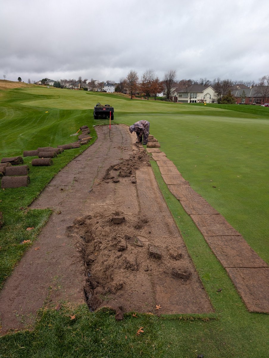 We continue to work on removing liners in low points. Here on 2 green bluegrass rough was installed over greensmix during construction.  We are expanding the green to where it was intended.