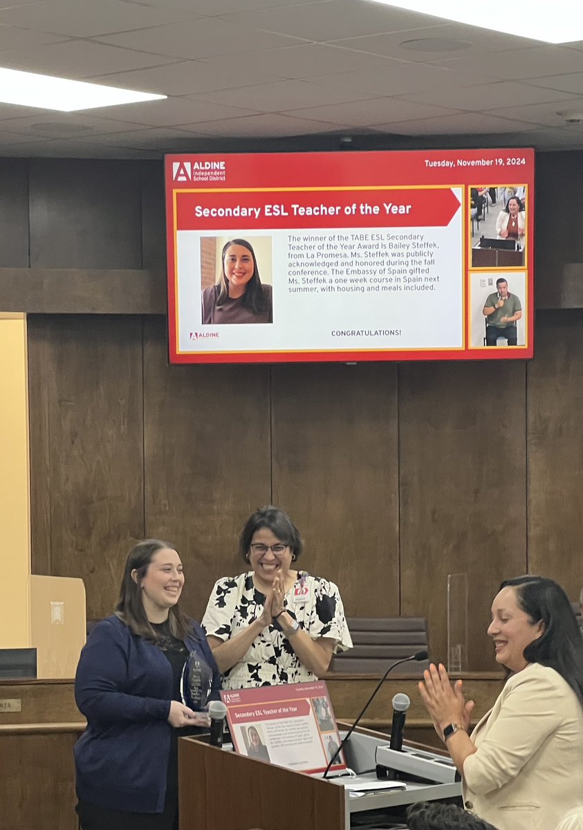 AldineAFT6345's tweet image. We are excited to announce that Aldine AFT member, Bailey Steffens, was awarded the Texas Association of Bilingual Education ESL Secondary Teacher of the Year Award! She was recognized at tonight’s Aldine ISD board meeting. Congratulations @MsSteffek!