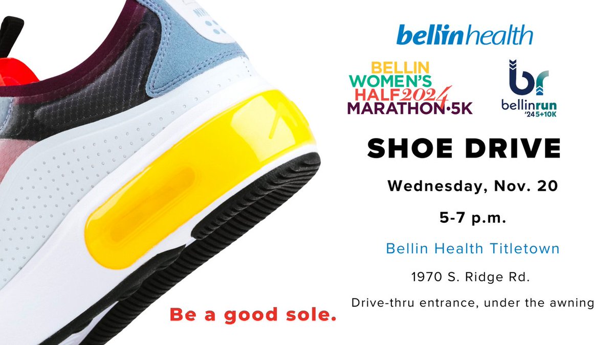 Donate your lightly used running shoes at our upcoming shoe drive! We’ll be collecting TOMORROW from 5-7 p.m. Wednesday, Nov. 20 at Bellin Health Titletown, 1970 S. Ridge Road (drive-thru entrance, under the awning). 👟 Please tie laces together before donating.