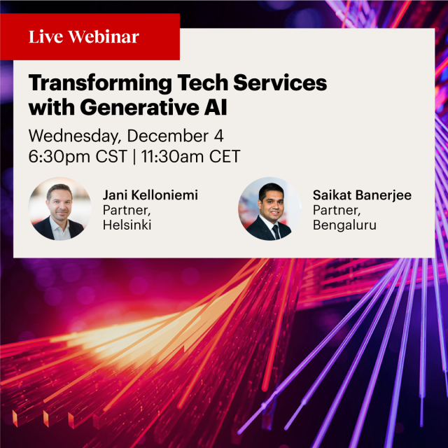 MrPatrickHammer's tweet photo. On December 4, join Bain partners Jani Kelloniemi and Saikat Banerjee for a live webinar on transforming tech services with generative AI. Secure your spot today. https://t.co/AYanCUml6V https://t.co/9K45OJhM0O