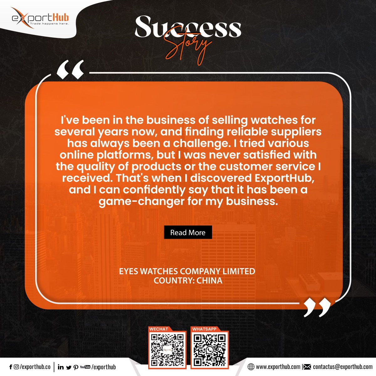 Discover why EYES WATCHES COMPANY LIMITED trusts ExportHub! Reliable suppliers, top-notch quality, and exceptional service—ExportHub has been the game-changer for their business success.

Read more!
exporthub.com/premiumservice…
#CustomerSuccess ##ExportHub