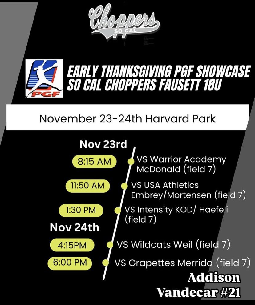 Come see me at the PGF Early Thanksgiving Showcase at Harvard Park. My SoCal Choppers-Fausett 18U game schedule is below.