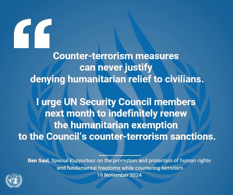 UN Special Rapporteur <a href="/profbensaul/">Prof Ben Saul - UN SR Human Rights & Counterterror</a> urges <a href="/UN/">United Nations</a> Security Council to renew humanitarian exemption to counter-terrorism sanctions.

buff.ly/4hUvmUO
