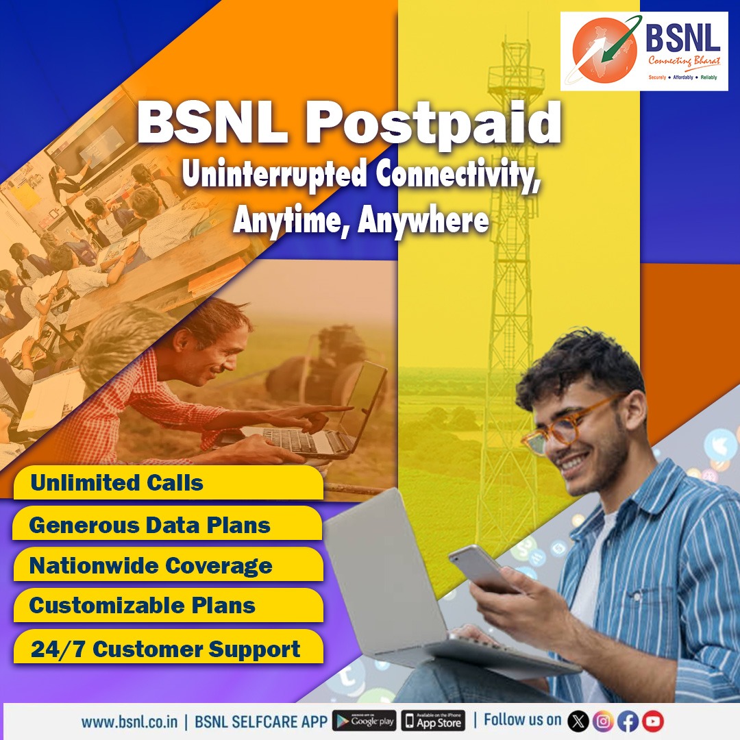 BSNL_KTK's tweet photo. Stay connected with #BSNLPostpaid with Unlimited calls, generous data, and seamless nationwide coverage !
#StayConnected #BSNL #UninterruptedConnectivity #ReliableService #SwitchToBSNL https://t.co/j17vsrSE9G