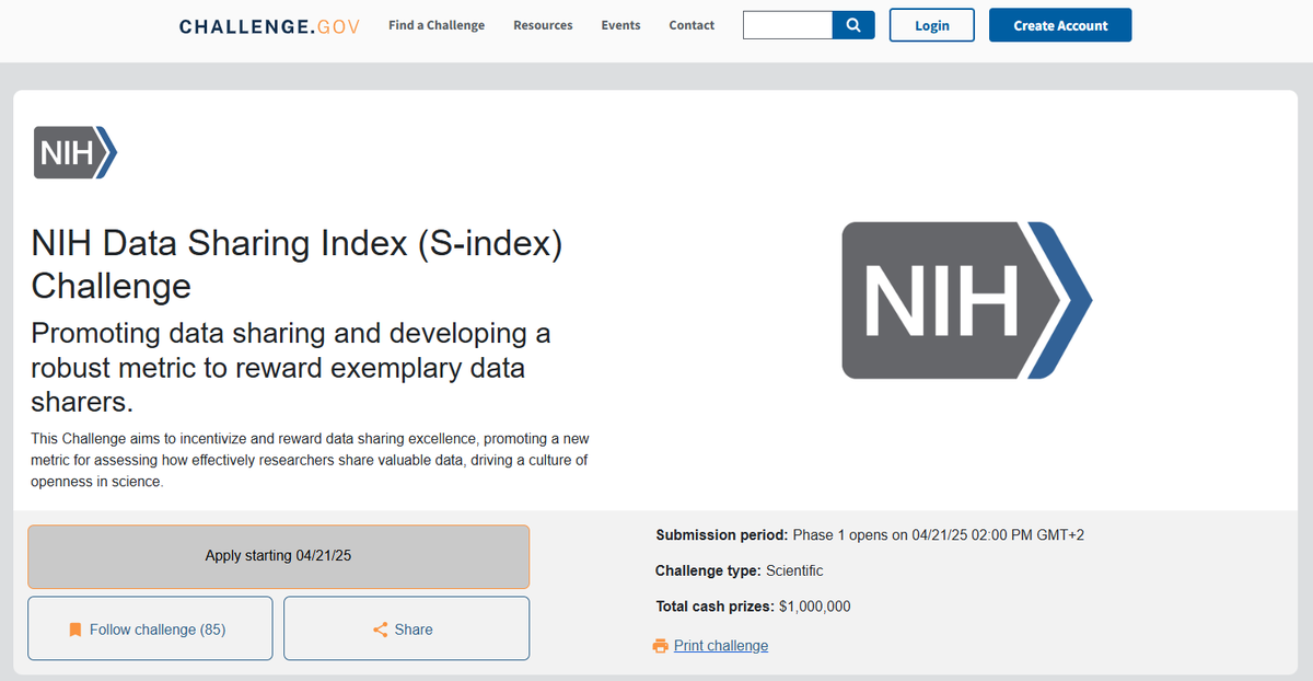 SORTEE (@sortecoevo) on Twitter photo The US NIH (<a href="/ChallengeGov/">Challenge.gov</a>) has announced a competition to develop a metric to reward data sharing that might be of interest to some of you.
The first place prize is US$500,000.00 (only US entities/citizens or permanent residents eligible to win the $)
challenge.gov/?challenge=nih… The US NIH (<a href="/ChallengeGov/">Challenge.gov</a>) has announced a competition to develop a metric to reward data sharing that might be of interest to some of you.
The first place prize is US$500,000.00 (only US entities/citizens or permanent residents eligible to win the $)
challenge.gov/?challenge=nih…