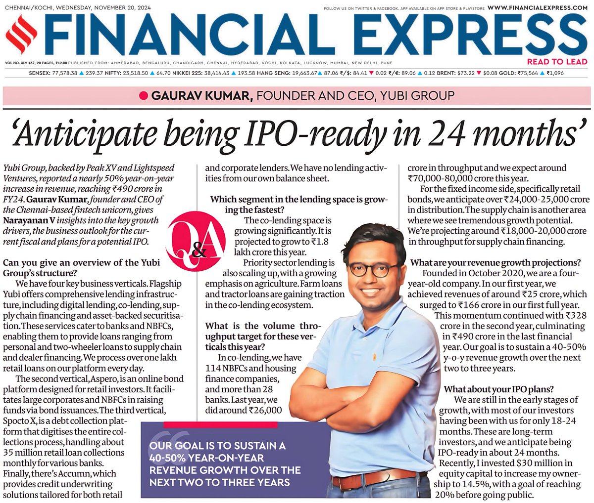 Yubi (@yubi_fin) on Twitter photo In an exclusive interview with <a href="/Narayanan_V1/">Narayanan V</a>, our Founder & CEO, <a href="/gaurav_irma/">Gaurav</a> , shared how Yubi powers the entire credit lifecycle—from #origination to #collections. Read about our growth story on <a href="/FinancialXpress/">Financial Express</a> - lnkd.in/ggDj5J5F
#YubiGroup #LendingTech #GoGetGreat In an exclusive interview with <a href="/Narayanan_V1/">Narayanan V</a>, our Founder & CEO, <a href="/gaurav_irma/">Gaurav</a> , shared how Yubi powers the entire credit lifecycle—from #origination to #collections. Read about our growth story on <a href="/FinancialXpress/">Financial Express</a> - lnkd.in/ggDj5J5F
#YubiGroup #LendingTech #GoGetGreat