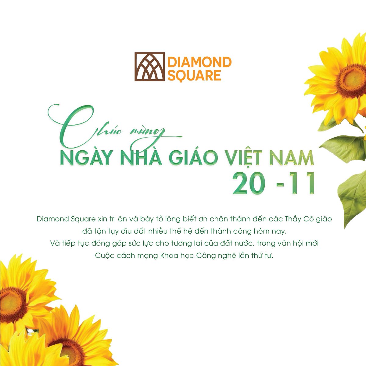 DiamondSquare4's tweet photo. CHÚC MỪNG NGÀY NHÀ GIÁO VIỆT NAM 20/11

Mừng Ngày Nhà giáo Việt Nam 20/11, Diamond Square xin tri ân và bày tỏ lòng biết ơn chân thành đến các Thầy Cô giáo đã tận tụy dìu dắt nhiều thế hệ đến thành công hôm nay. https://t.co/dmwRPagLGy
