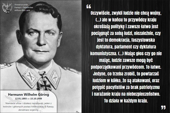 TomekRogal1976's tweet photo. "..zwykli ludzie nie chcą wojny..
Jedyne, co trzeba zrobić, to POWTARZAĆ ludziom w kółko, że są atakowani, oraz potępić pacyfistów za brak patriotyzmu i narażanie kraju na niebezpieczeństwo. To działa w każdym kraju."
Niemiecka propaganda ciągle AKTUALNA.
Uważaj na zarządców 3rp. https://t.co/baQLJmPBfv