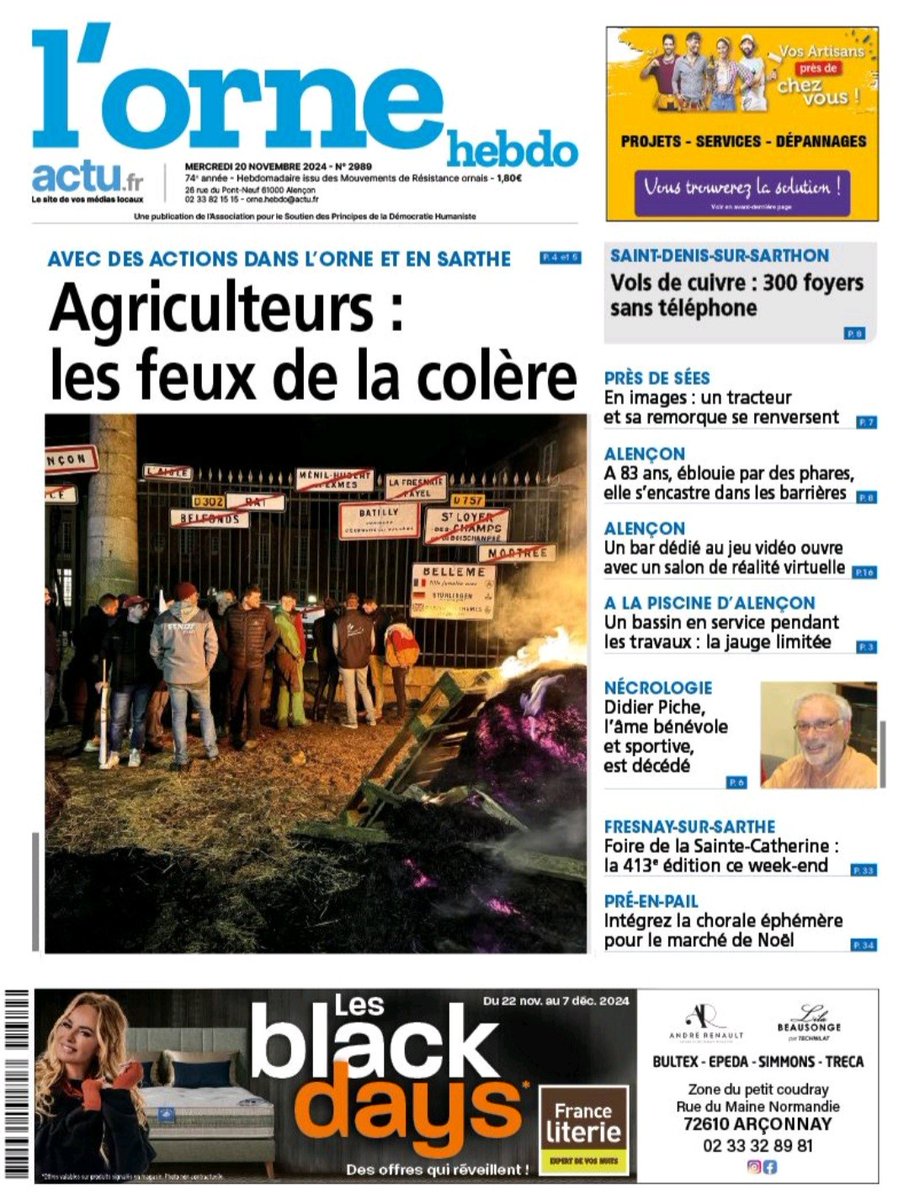 A la Une de L'Orne hebdo de mercredi 20 novembre 2024.
Ce numéro est disponible dans votre kiosque préféré ou en version numérique via ce lien : moncompte.actu.fr/.../lorne-hebd…...
Bonne lecture et belle semaine. 📷
#Alençon #Orne #Sarthe #Mayenne #Normandie <a href="/actufr/">actu.fr</a>