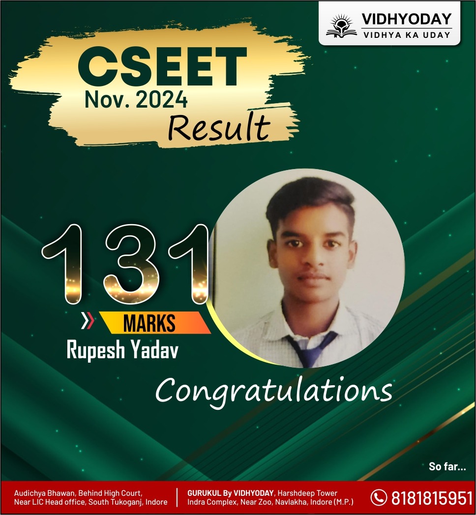 vidhyoday's tweet image. Proud Moment Alert!
Heartiest congratulations to Rupesh Yadav for scoring an outstanding 131 marks in the CSEET 2024 exam!
Your dedication and hard work inspire us all. Here's to achieving even greater heights in your journey toward success!
__
#CSEETResults #Vidhyoday