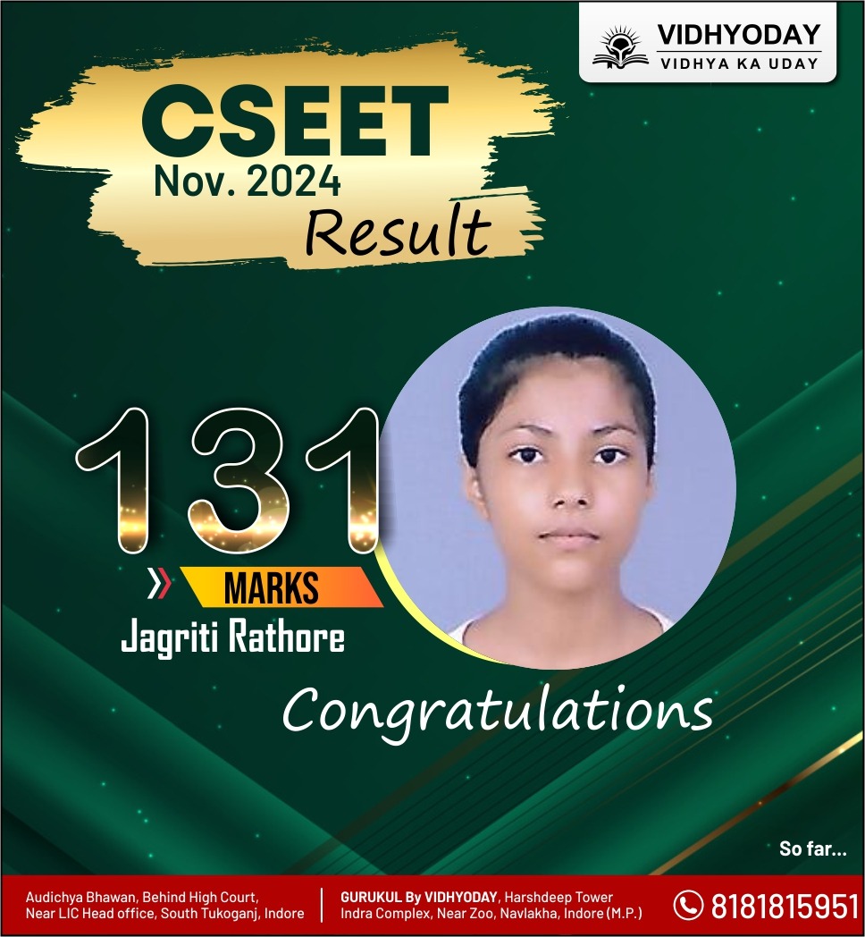 vidhyoday's tweet image. Celebrating Success!
A big congratulations to Jagriti Rathore for achieving an impressive 131 marks in the CSEET 2024 exam!
Your hard work and determination have truly paid off. Keep shining and reaching for the stars!
__
#CSEETResults #CSEETResults2024 #Vidhyoday