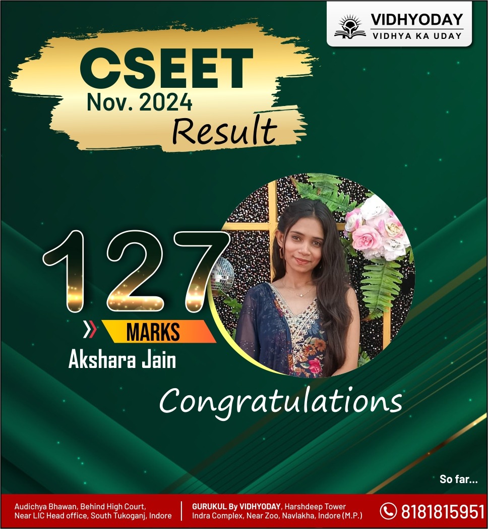 vidhyoday's tweet image. Kudos to Excellence!
Congratulations to Akshara Jain for securing an outstanding 127 marks in the CSEET 2024 exam!
Your success is a testament to your hard work and dedication. Keep up the amazing work and aim even higher!
__
#CSEETResults #CSEETResults2024 #Vidhyoday
