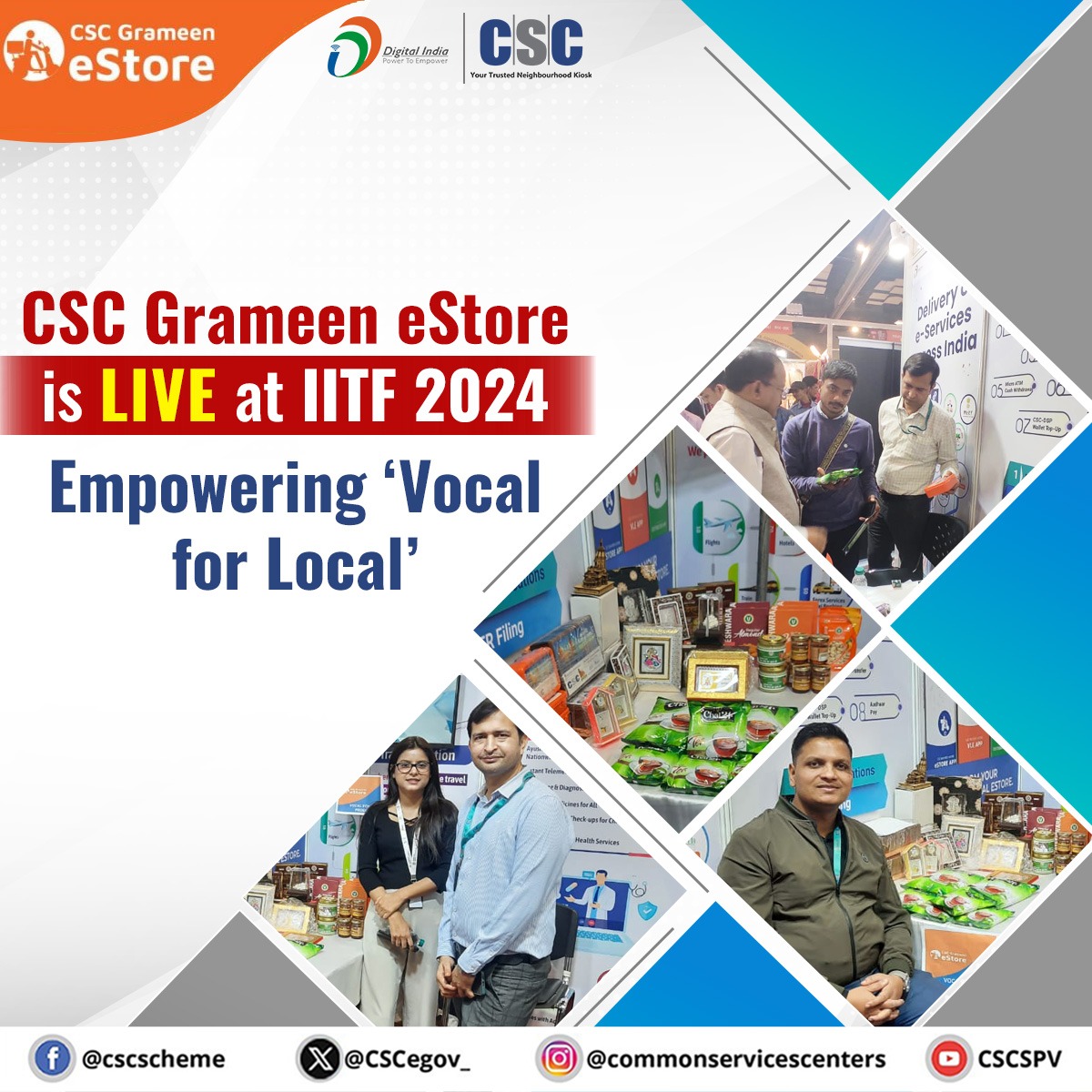 CSC Grameen eStore is live at IITF 2024, showcasing Vocal for Local products made in rural India for All India.

Witness the spirit of innovation &amp; empowerment firsthand.

Together, let’s uplift rural entrepreneurs!

#IITF2024 #VocalForLocal #CSCGrameen #RuralIndia #CSC #IITF