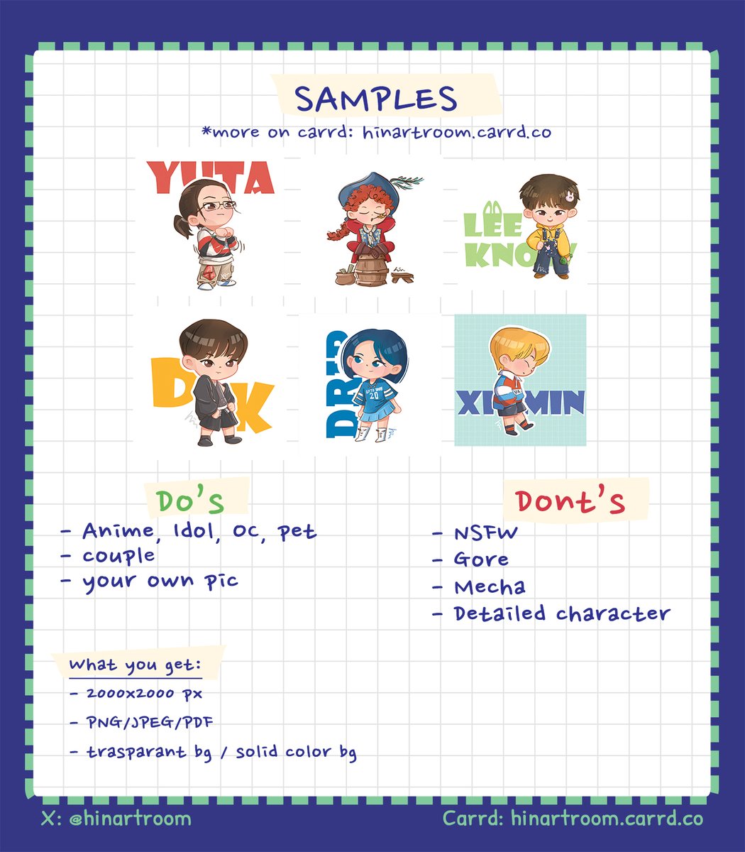 🔃 rt and ❤️likes are appreciated

**OPEN COMMISSION** 
(local and inter)
Price list and details below 

🔗 for more samples: hinartroom.carrd.co
💌 DM for order 🤗

*read the TOS on the post below 
#commissionsopen #ArtCommission #chibicommissions #zonakaryaid #artidn