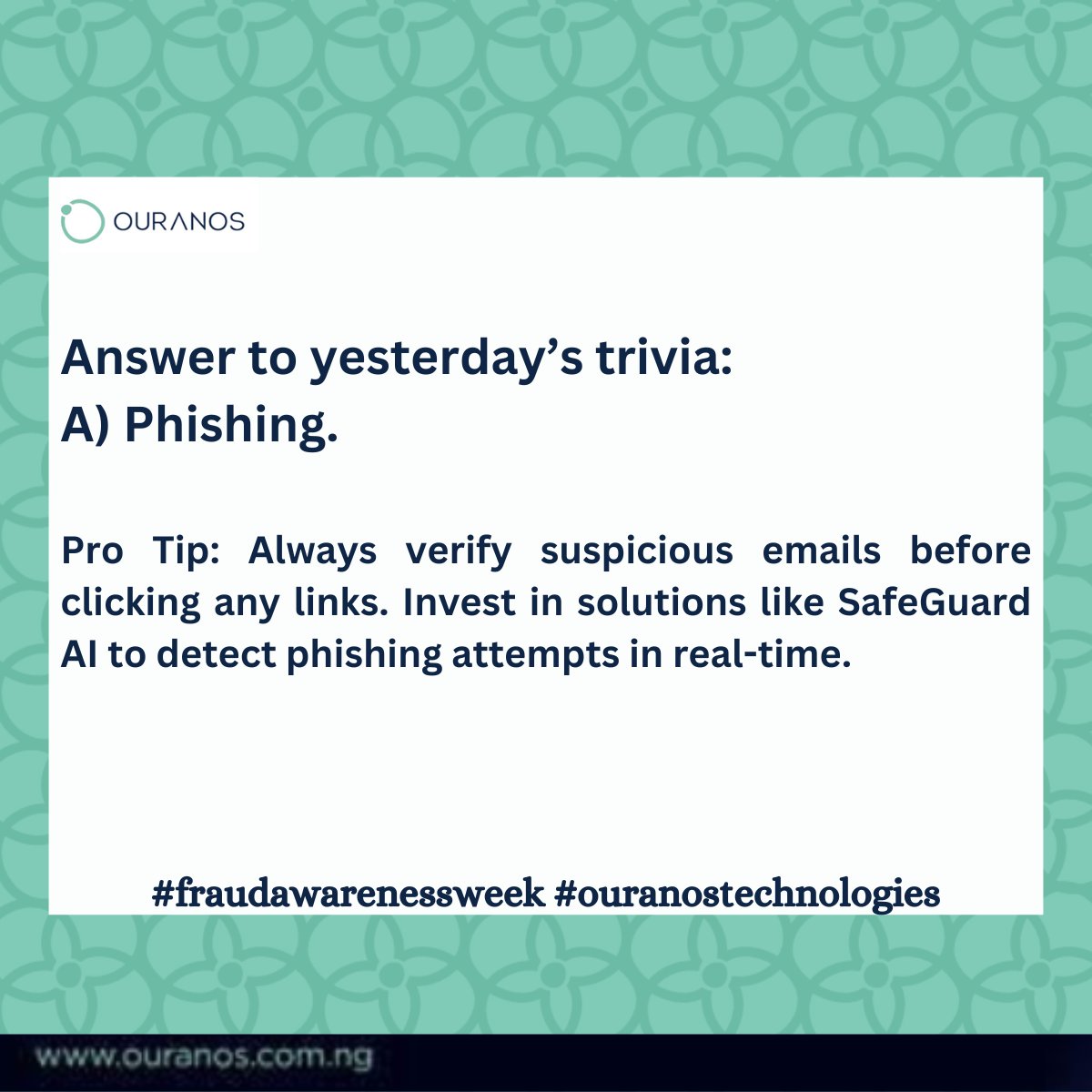 Ouranos_tech's tweet image. With our tools, you can stay one step ahead of attackers and protect what matters most. Protect your team and data with our advanced fraud solutions.

Need a tailored solution? Let’s talk: info@ouranos.com.ng
#FraudAwarenessWeek #PhishingProtection #FraudSolutions #Cybersecurity