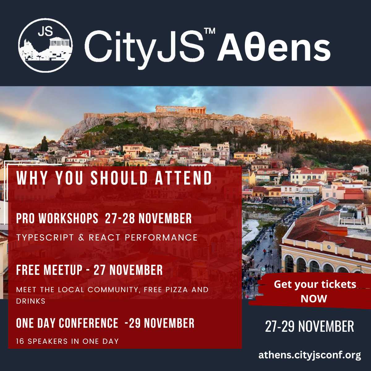 CityJS Conferences (@cityjsconf) on Twitter photo Next week we will be hosting again #CityJSAthens 
You should attend 
- Our free meetup event 
- Pro workshops in #React #Performance 
- and one day full of talks in #ArtificialIntelligence #javascript #frameworks and so much more 
Get your tickets now
athens.cityjsconf.org Next week we will be hosting again #CityJSAthens 
You should attend 
- Our free meetup event 
- Pro workshops in #React #Performance 
- and one day full of talks in #ArtificialIntelligence #javascript #frameworks and so much more 
Get your tickets now
athens.cityjsconf.org