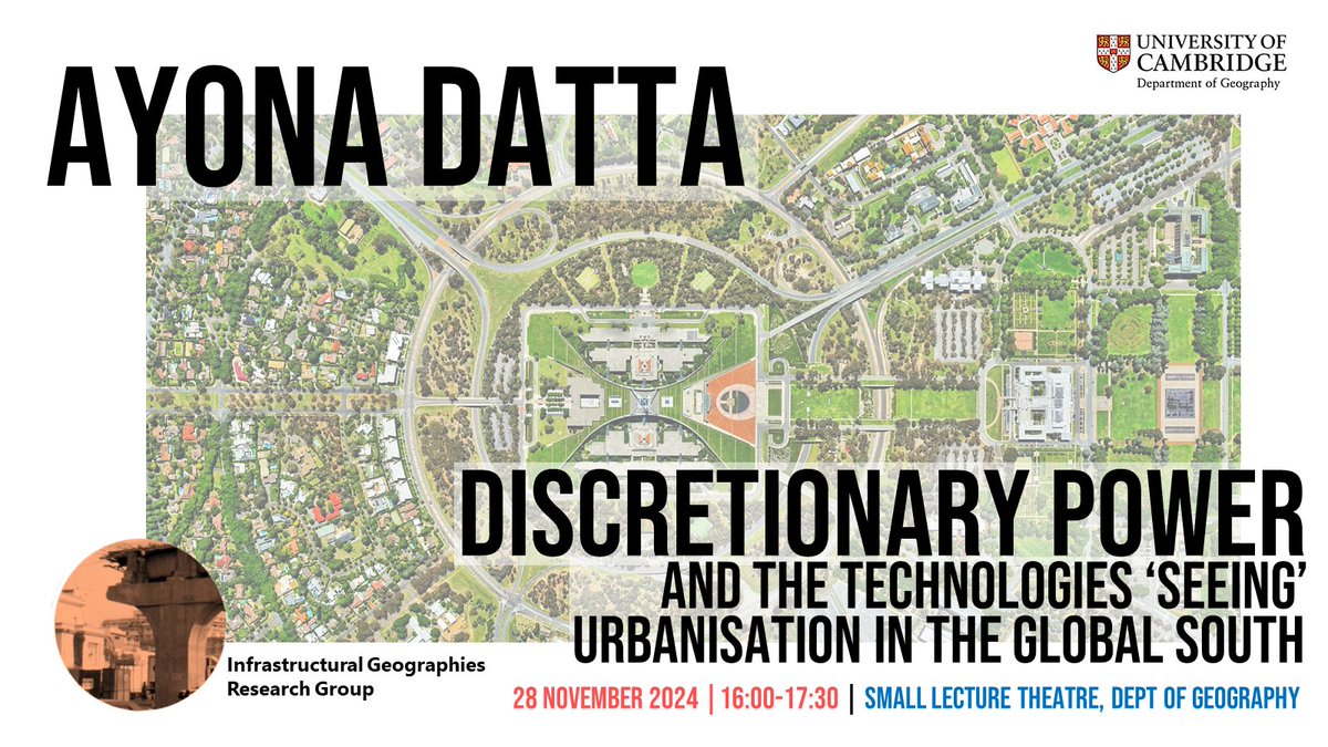 Infrastructural Geographies (@igeographies) on Twitter photo Discretionary Power: <a href="/AyonaDatta/">Ayona Datta moved to @ayonadatta.bsky.social</a> from <a href="/UCLgeography/">UCL Geography</a> will be speaking on seeing urbanization in the #GlobalSouth.
Our final seminar this term: 28 November, 16:00. All welcome! Discretionary Power: <a href="/AyonaDatta/">Ayona Datta moved to @ayonadatta.bsky.social</a> from <a href="/UCLgeography/">UCL Geography</a> will be speaking on seeing urbanization in the #GlobalSouth.
Our final seminar this term: 28 November, 16:00. All welcome!
