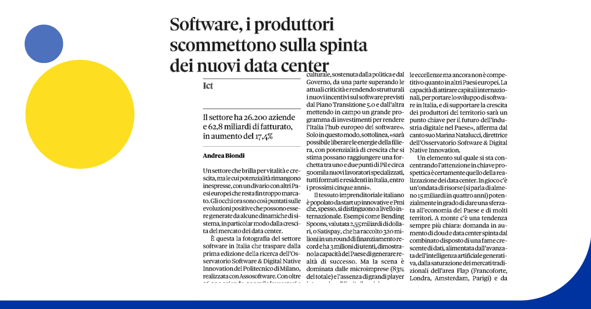 #ICT Un settore che brilla per vitalità e crescita, ma le cui potenzialità rimangono inespresse.
🗞️"Software, i produttori scommettono sulla spinta dei nuovi data center" sul <a href="/sole24ore/">IlSole24ORE</a> 

<a href="/Osserv_Digital/">Osservatori Digital</a> <a href="/InnovateEurope/">Innovatori Europei - European Innovators</a> <a href="/FPA_net/">FPA - FORUM PA - A DIGITAL360 Company</a> <a href="/DEDAGROUP_ICT/">Deda Group</a> <a href="/GiaDominici/">Gianni Dominici</a> <a href="/fabiomeloni71/">fabio meloni</a>
