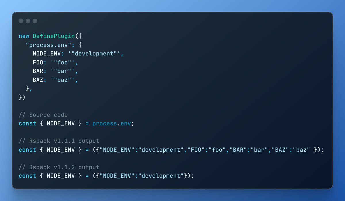 rspack_dev's tweet image. Rspack v1.1.2 is out!
This release improved the output of `DefinePlugin` by eliminating unused object properties from the final bundle, resulting in a smaller output size: