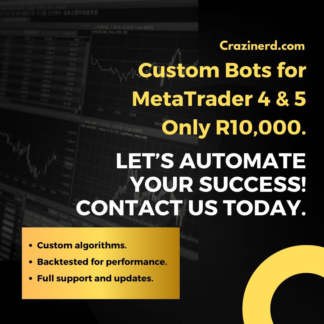 CraziNerd_Com's tweet photo. Custom Bots for MetaTrader 4 &amp; 5 (Only R10,000)
LET’S AUTOMATE YOUR SUCCESS!📊🤩

CONTACT US TODAY.
https://t.co/5N3ZyqhNcW https://t.co/0DRFHuLXVG