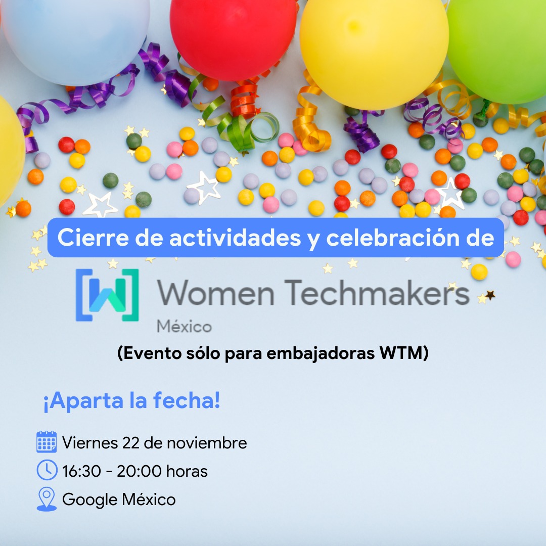 🚨 ÚLTIMO DÍA DE REGISTRO 🚨
Con mucha emoción llegamos al cierre de año y de actividades de la comunidad🥂🎉
Invitamos a ser parte de este evento para embajadoras Women Techmakers México.
Acompáñanos a brindar por los logros💜
📍Google México
👉🏻Registro disponible. Cupo limitado