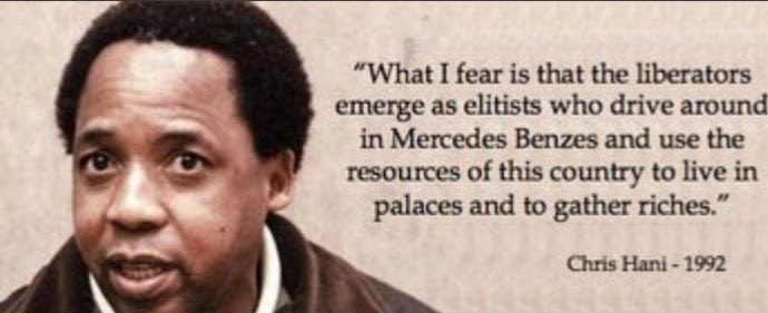 goolamv's tweet image. Att:@Lesufi 

Your beloved Chris Hani said this in 1992

&quot;What I fear is the the liberators who drive around in Mercedes Benzes and use the resources of this country to live in palaces and to gather riches&apos; 

Clearly Chris Hani foresaw what you and your ilk will do by fumigating…