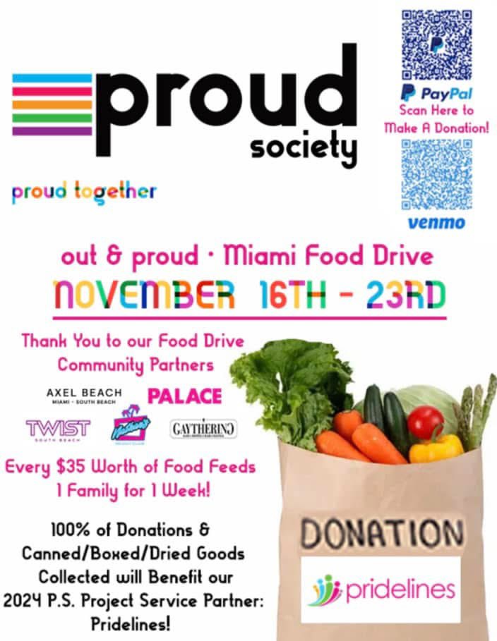 proud society (@proudsocietyorg) on Twitter photo 📦 The out & proud • Miami Food Drive is going on NOW through Sat. Nov. 23 as we fundraise donations & collect food for our 2024 P.S. Project Service Beneficiary: <a href="/Pridelines/">Pridelines</a>
🥫Throughout <a href="/hhweek/">H&H Awareness Week</a>, donate Canned/Boxed/Dried Goods at any 1 of our 5 #FoodDrive Bar Drop-off Spots! 📦 The out & proud • Miami Food Drive is going on NOW through Sat. Nov. 23 as we fundraise donations & collect food for our 2024 P.S. Project Service Beneficiary: <a href="/Pridelines/">Pridelines</a>
🥫Throughout <a href="/hhweek/">H&H Awareness Week</a>, donate Canned/Boxed/Dried Goods at any 1 of our 5 #FoodDrive Bar Drop-off Spots!