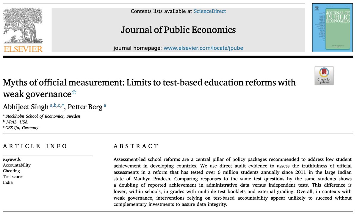 Journal of Public Economics (@jpubecon) on Twitter photo Just published in <a href="/JPubEcon/">Journal of Public Economics</a>:
"Myths of official measurement: Limits to test-based education reforms with weak governance"
By <a href="/singhabhi/">Abhijeet Singh</a> & Petter Berg (<a href="/handels_sse/">Stockholm School of Economics</a>)
sciencedirect.com/science/articl… Just published in <a href="/JPubEcon/">Journal of Public Economics</a>:
"Myths of official measurement: Limits to test-based education reforms with weak governance"
By <a href="/singhabhi/">Abhijeet Singh</a> & Petter Berg (<a href="/handels_sse/">Stockholm School of Economics</a>)
sciencedirect.com/science/articl…