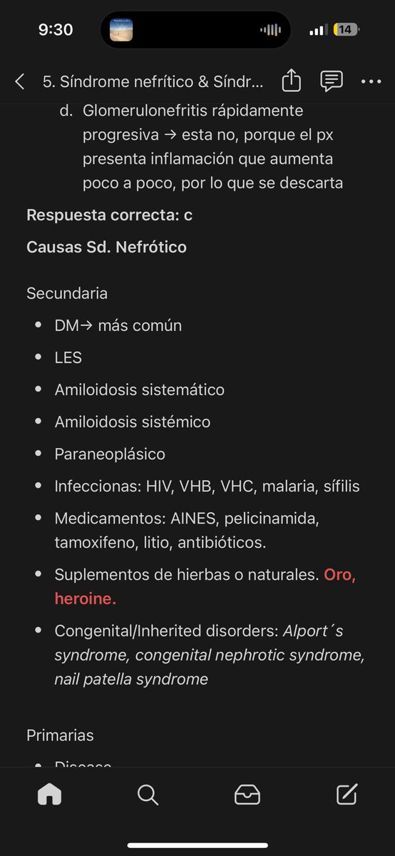 Pregunta de hoy que recordaba que tenía en mi Notion de mis notas de CLASE sobre SÍNDROME NEFRÓTICO.
Femenina con edema en miembros “pélvicos” + hematuria. Preguntaban dx, qué pedías y que en las fiestas de la uni había usado una sustancia #ENARM2025 #NEFRO