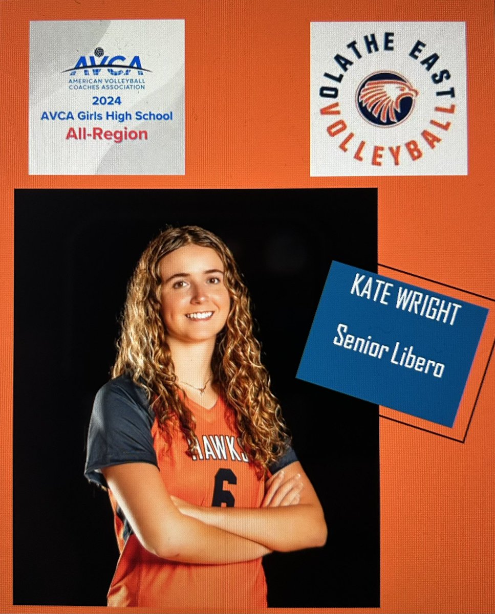 Congrats to senior libero <a href="/katewright25/">Kate Wright</a> for being named to the <a href="/AVCAVolleyball/">AVCA</a> All Region Team!! Only 530 players across the country receive this honor! We are so proud of you, Kate! 🎉👏🏼💪🏼🧡🏐💙 #kudos <a href="/OEVBboosters/">Olathe East Volleyball Boosters</a> <a href="/OEastAthletics/">Olathe East Athletics</a>