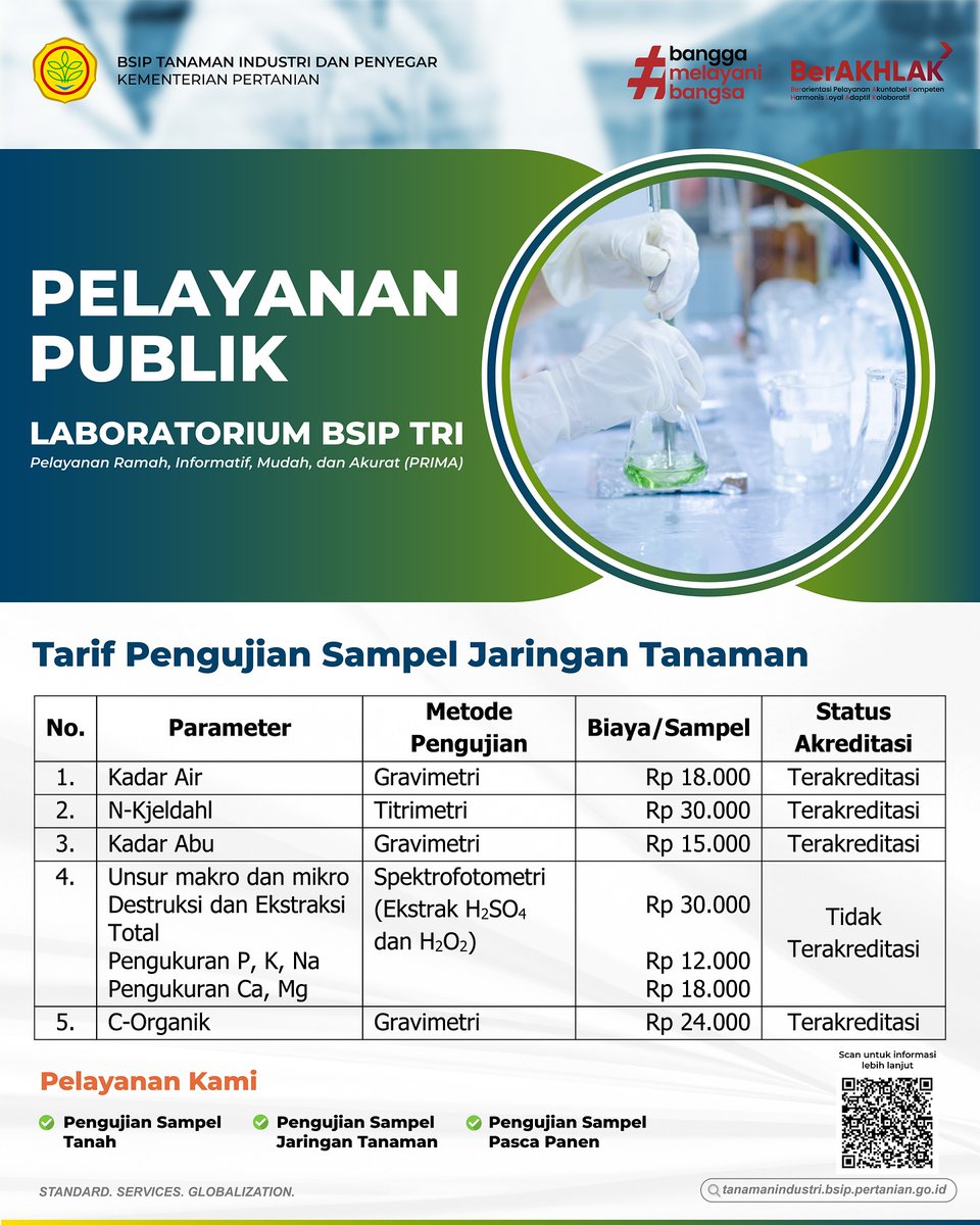 brmptri's tweet image. Hi, #frenSIP
Salah satu pelayanan untuk publik yang dimiliki oleh BSIP TRI ialah Lab Pengujian Tanah dan Tanaman yang telah terakreditasi ISO/IEC 17025: 2017. 

#laboratorium #ujitanah #ujitanaman #pengujian #lab