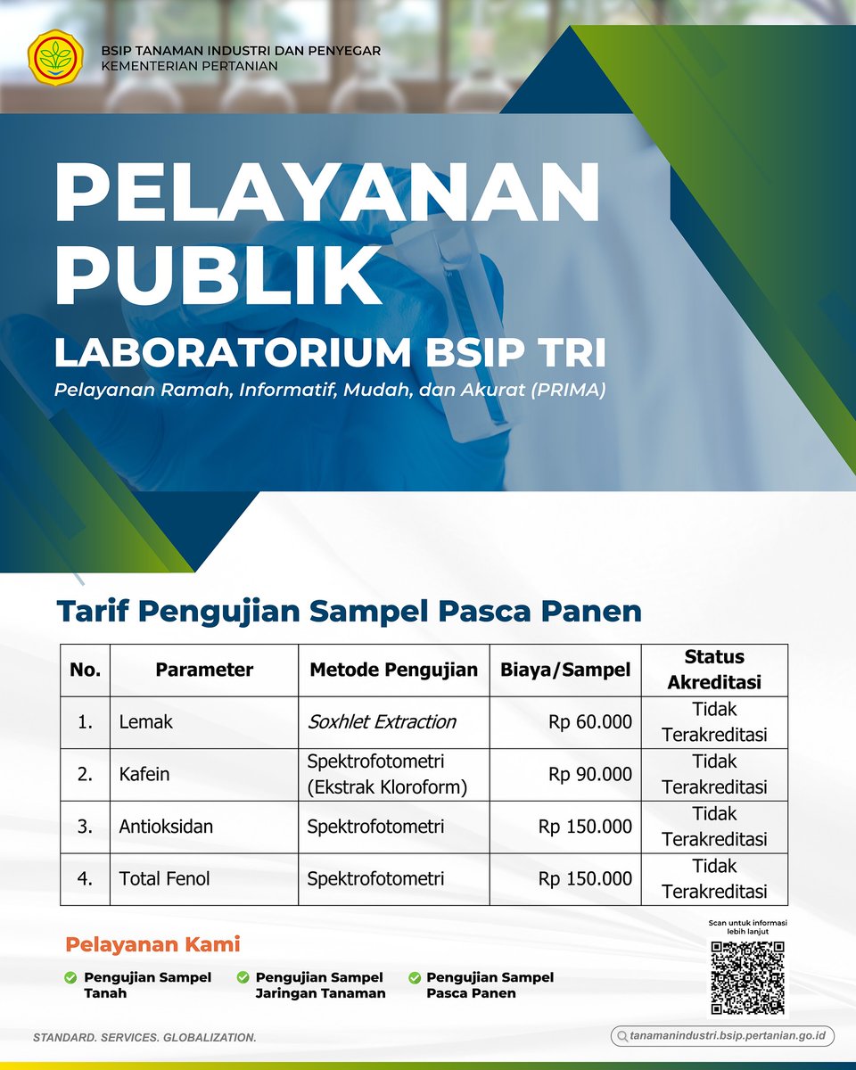 brmptri's tweet image. Hi, #frenSIP
Salah satu pelayanan untuk publik yang dimiliki oleh BSIP TRI ialah Lab Pengujian Tanah dan Tanaman yang telah terakreditasi ISO/IEC 17025: 2017. 

#laboratorium #ujitanah #ujitanaman #pengujian #lab
