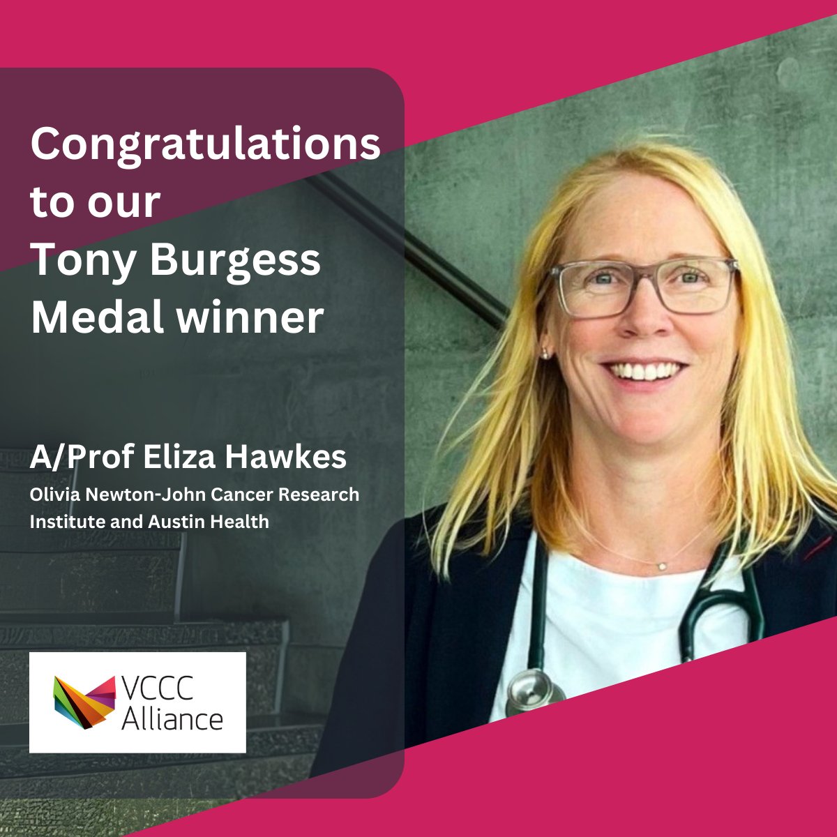 VCCC Alliance (@vcccalliance) on Twitter photo Congratulations to A/Prof @DrElizaHawkes, Lymphoma Lead and oncologist at <a href="/Austin_Health/">Austin Health</a>, and researcher at the <a href="/ONJCRI/">ONJ Cancer Research Institute</a>, on receiving the Tony Burgess Medal at the 2024 VCCC Alliance Awards. vcccalliance.org.au/news-and-event… Congratulations to A/Prof @DrElizaHawkes, Lymphoma Lead and oncologist at <a href="/Austin_Health/">Austin Health</a>, and researcher at the <a href="/ONJCRI/">ONJ Cancer Research Institute</a>, on receiving the Tony Burgess Medal at the 2024 VCCC Alliance Awards. vcccalliance.org.au/news-and-event…
