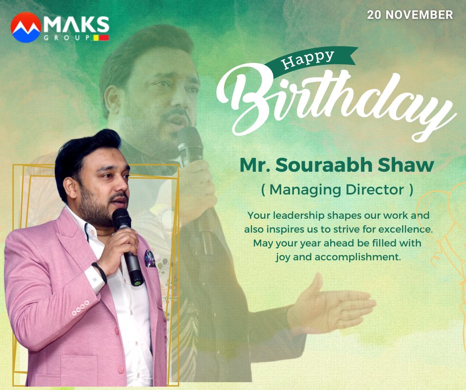 maks_group's tweet photo. Happy Birthday to you Mr. Souraabh Shaw Sir 🎂🎉
MAKS Group family wishes you a very happy birthday and long life on this special day! 🎂💐

#HappyBirthday #Birthday #bossbirthday #birthdaycelebration #birthdaylove #birthdaygifts #ForYouWeAre #MAKSGroup https://t.co/2fHZcOFdqB