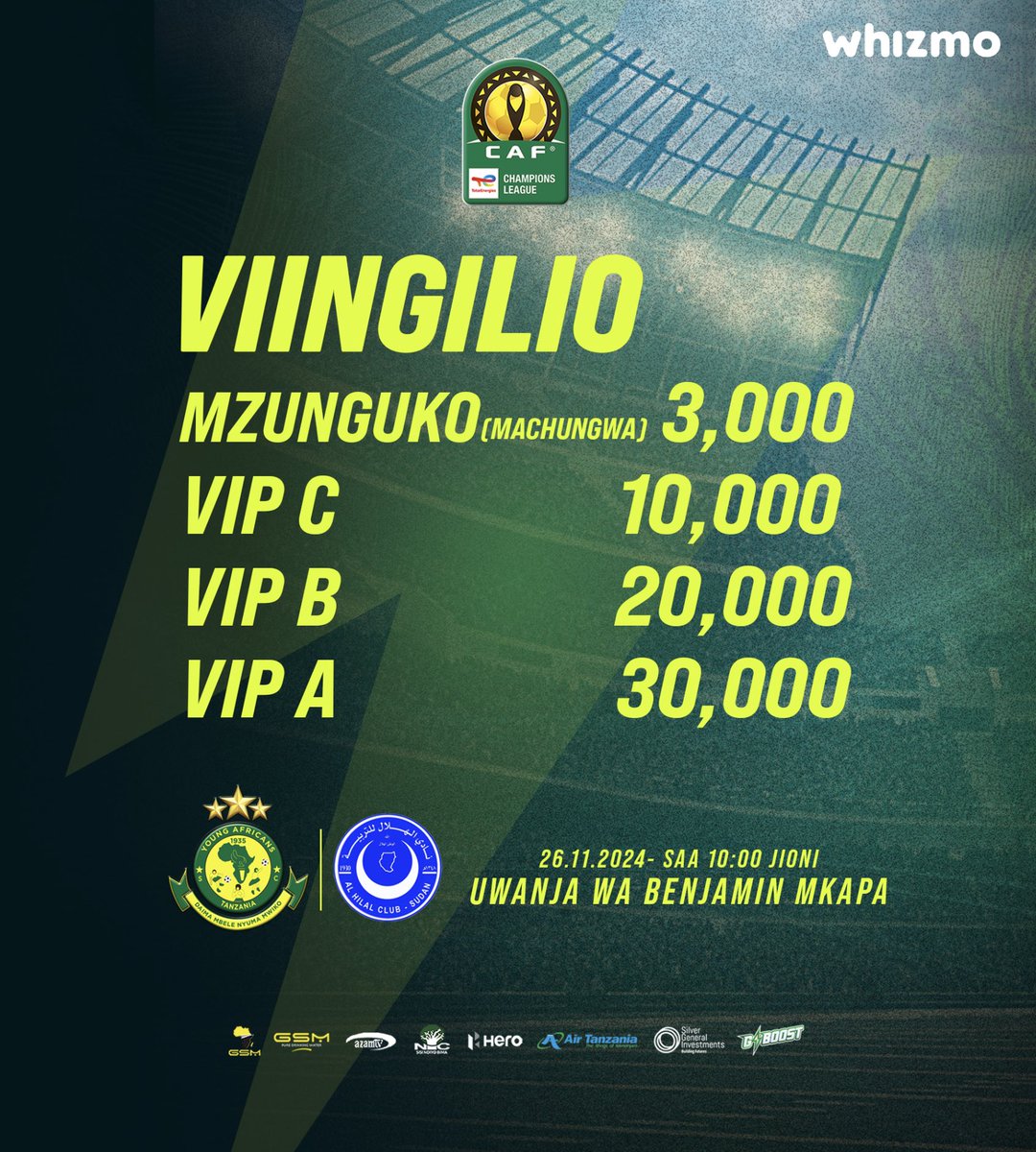 Viingilio vya mchezo wetu wa #CAFCL hatua ya makundi dhidi ya Al Hilal utakaochezwa tarehe 26.11.2024, Uwanja wa Benjamin Mkapa Saa 10:00 jioni. 

Mwananchi wahi mapema kununua tiketi yako🔰👊🏽

#TimuYaWananchi 
#DaimaMbeleNyumaMwiko