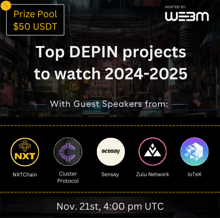 🚨 Space + #Giveaway 🚨

⭐ Top DEPIN projects to watch 2024-2025
🗓️ Nov 21st, 4:00 pm UTC

🥂 Speakers:
<a href="/ClusterProtocol/">Cluster Protocol</a>
<a href="/zulu_network/">Zulu Network</a>
<a href="/asksensay/">Sensay ⛩️✨</a>
@NXTANNOUNCEMENT
<a href="/iotex_io/">IoTeX</a>

🔔 Set Reminder: 
x.com/i/spaces/1gqxv…

Don't forget to check the rules of the Giveaway 👇