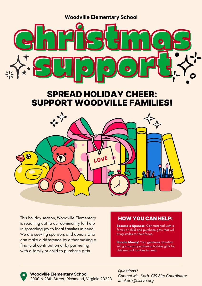 Greeetings Sorors and Fraters, 

This holiday season, Woodville Elementary School is reaching out to the community for help in spreading joy to local families in need.  

See flyer for details.