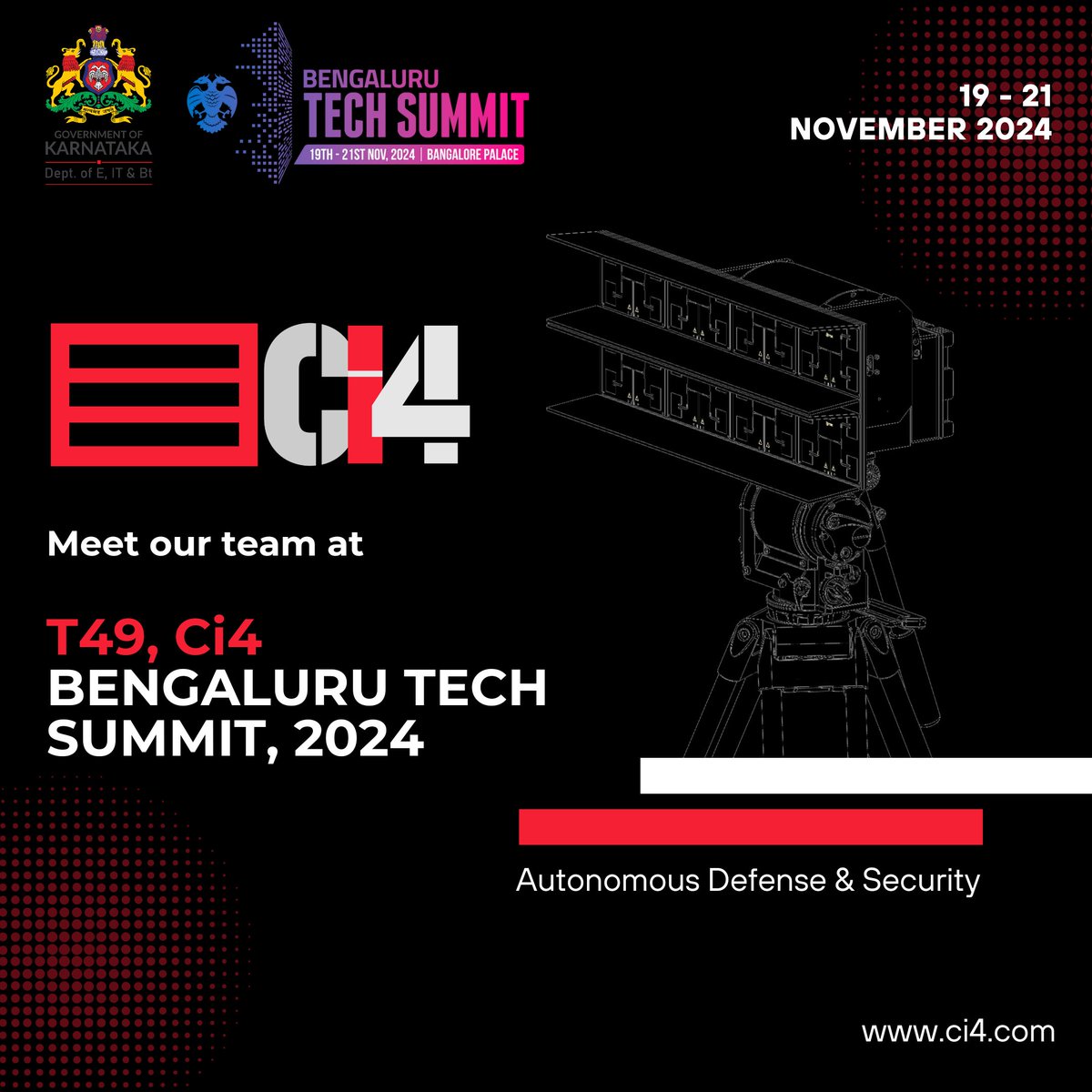Ci4 - Autonomous Defense & Security (@ci4_defense) on Twitter photo Join us at <a href="/blrtechsummit/">BengaluruTechSummit</a> 2024 (Nov 19-21) at Stall T49! Explore @ciphorlabs' cutting-edge Autonomous Defense & Security tech for air, land, water, and space.
Let’s connect at Bangalore Palace, Bengaluru! Join us at <a href="/blrtechsummit/">BengaluruTechSummit</a> 2024 (Nov 19-21) at Stall T49! Explore @ciphorlabs' cutting-edge Autonomous Defense & Security tech for air, land, water, and space.
Let’s connect at Bangalore Palace, Bengaluru!