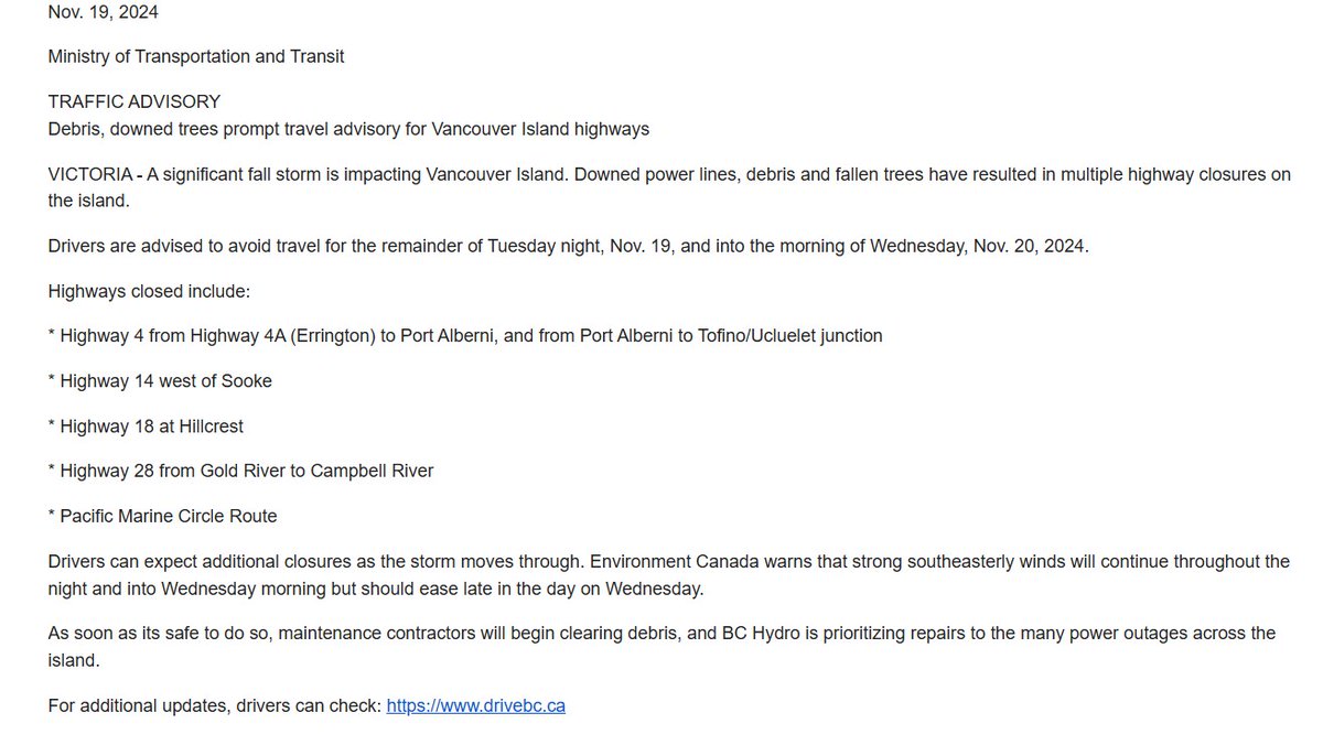 Travel Advisory issued by the BC Government
#bcstorm <a href="/CHEK_News/">CHEK News</a>