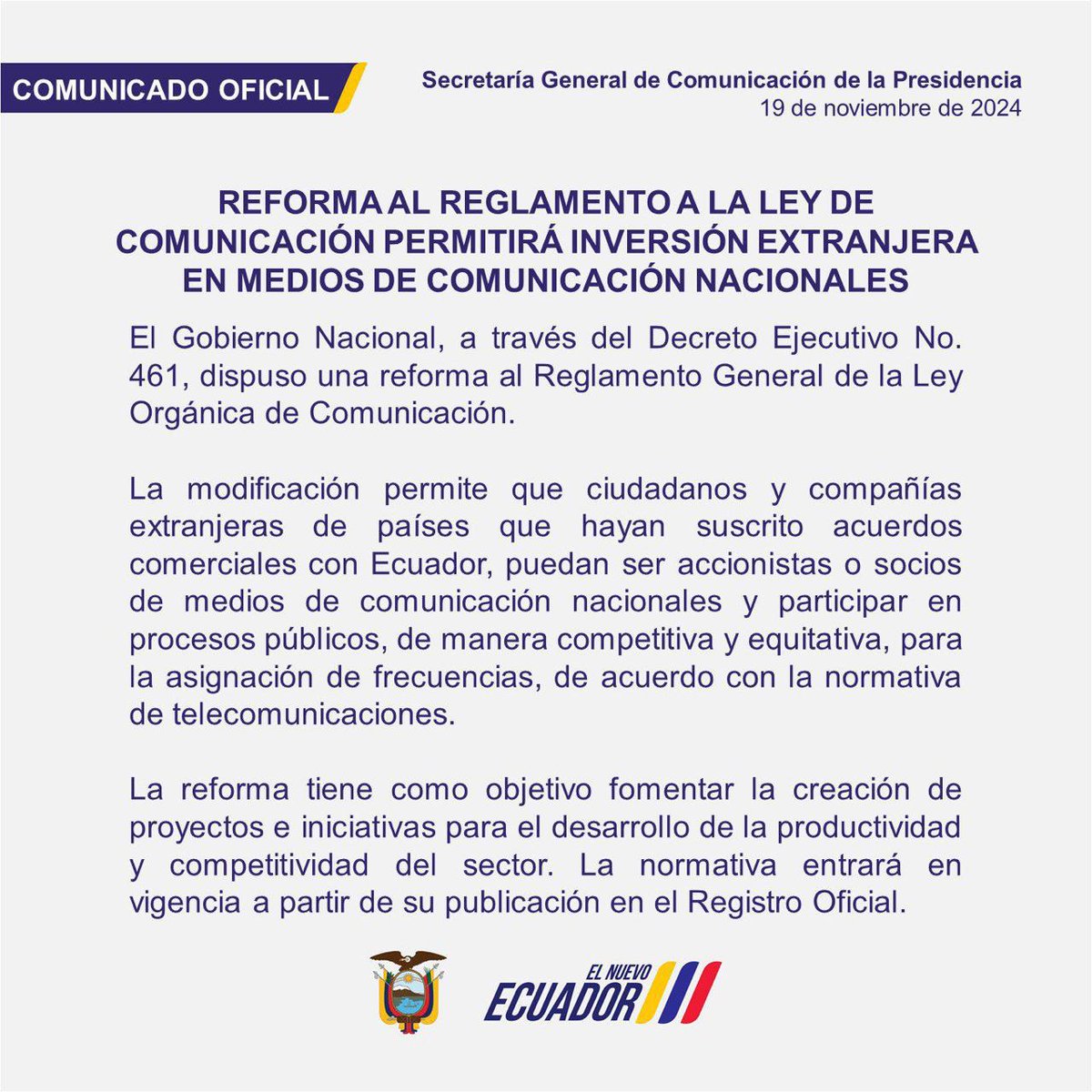 Con esta SORPRESIVA E INNECESARIA REFORMA queda clara la intención de entregar sin razón alguna las FRECUENCIAS DE RADIO Y TV ecuatorianas a grupos extranjeros.
¿Apoyo a proyectos politicos o desinformación en plena crisis nacional? <a href="/DanielNoboaOk/">Daniel Noboa Azin</a> <a href="/VivianaVelozEc/">Viviana Veloz</a>
