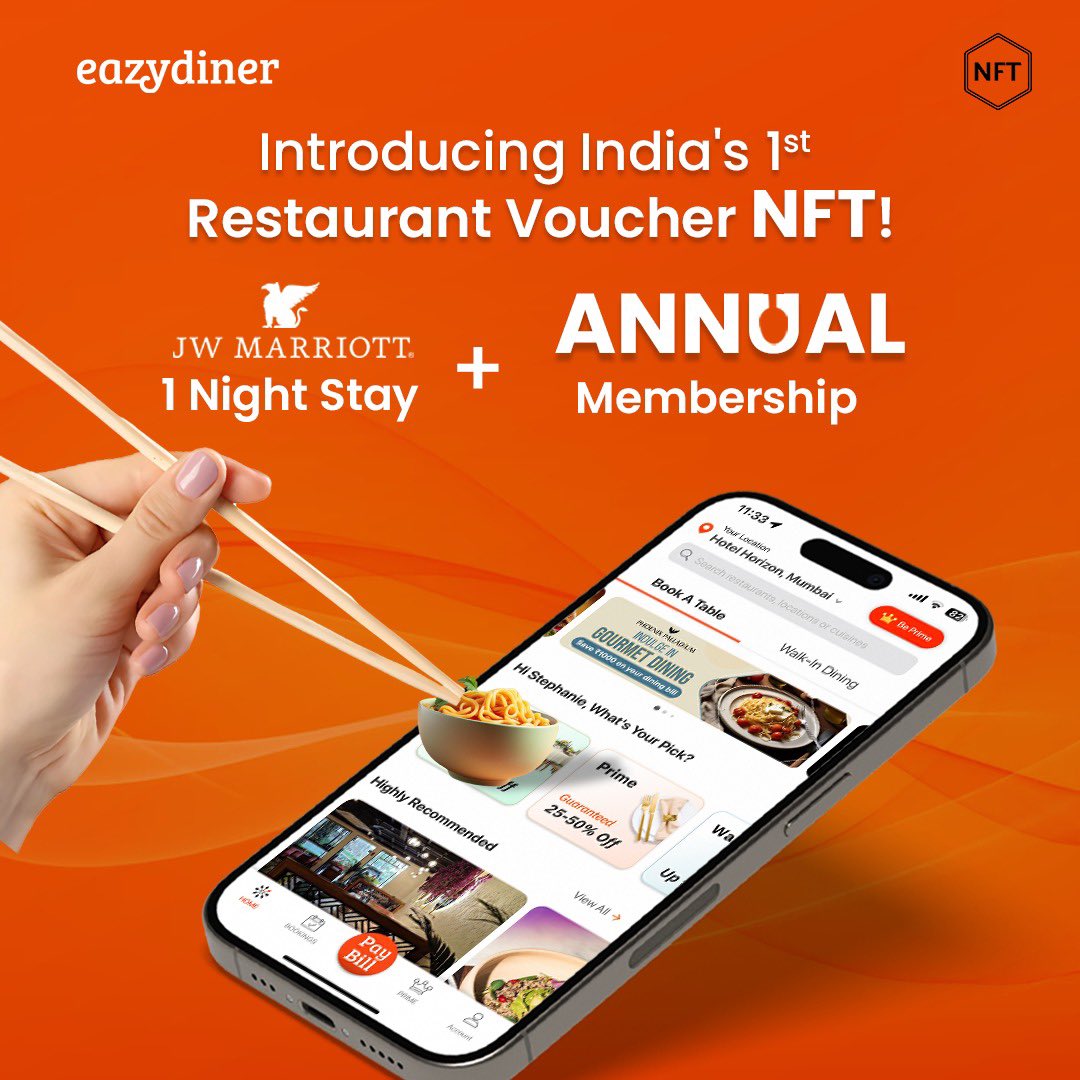 growfitter's tweet photo. ๐ฝ๏ธ Introducing India's FIRST Restaurant Voucher NFT! ๐ด
Mint your NFT & unlock 50% OFF at 10,000+ 5-star restaurants across India! ๐
๐ How to participate?
1๏ธโฃ Comment your favorite food below
2๏ธโฃ Mint your Restaurant NFT today โจ
Pro Tip: Most liked comments have higher chances to win
๐ Bonus: One lucky winner gets a 1-night stay at Marriott + 10 lucky winners get eazydiner Annual Membership vouchers! ๐จ๐ท
Hurry, your foodie adventure awaits! ๐ฎ #MintToDine #NFTFoodie #NFT #eazydiner