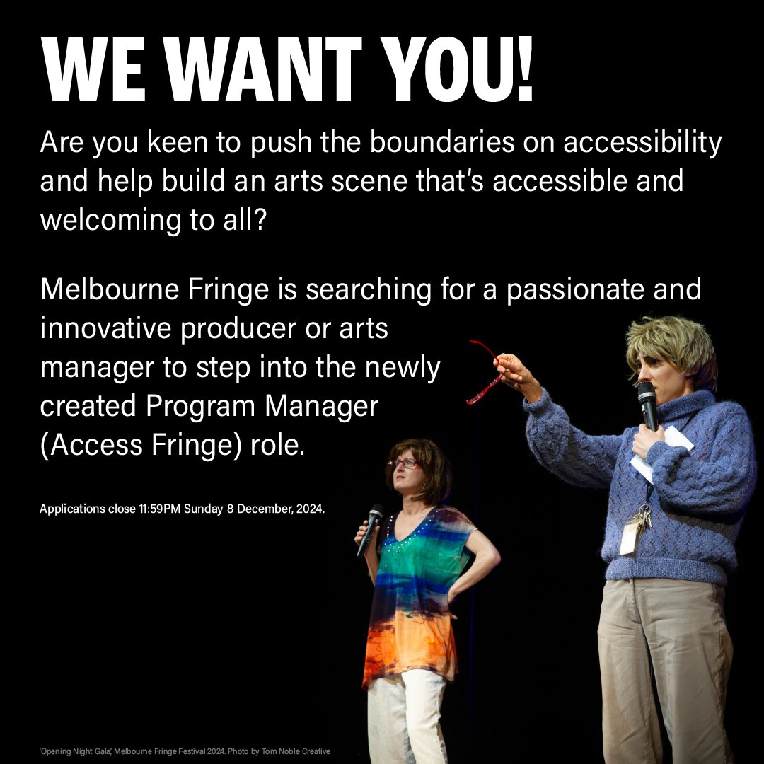 We need someone who’s passionate about access and excited by bold ideas to join our enthusiastic team of movers and shakers.
Find our more and apply at melbournefringe.com.au/about-melbourn…