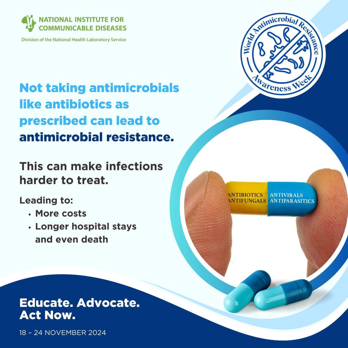 Everyone has a role to play in improving antibiotic use. Taking antibiotics when needed is an important way you can protect yourself and your family and help combat antimicrobial resistance.

#EducateAdvocateActNow
#WAAW2024
#Antimicrobial resistance
#AMR
