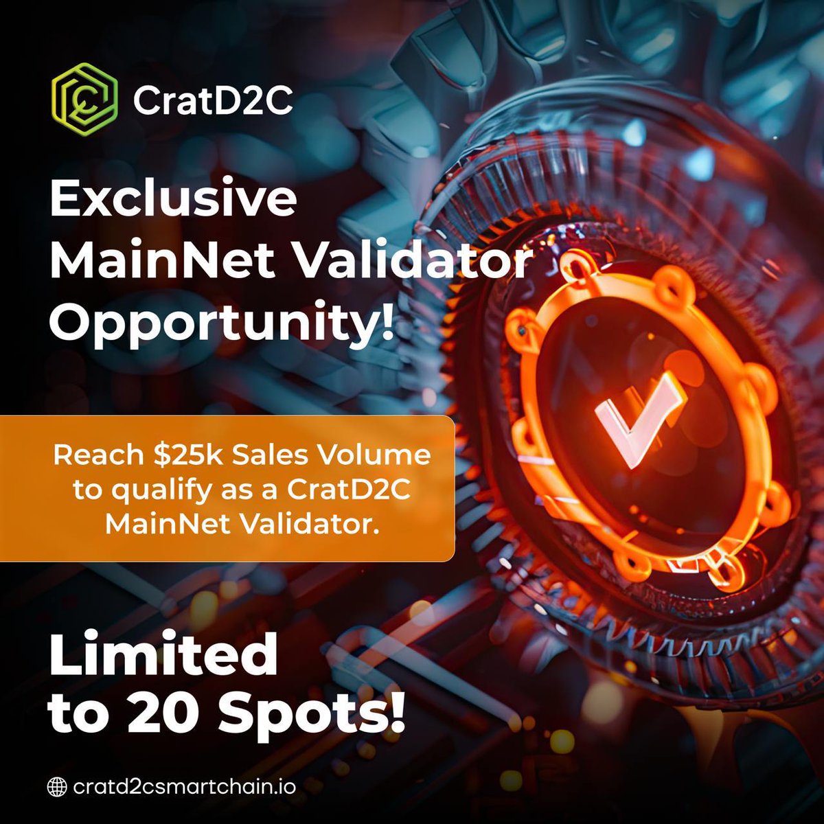 Exclusive Opportunity to Become a Lifetime CratD2C MainNet Validator🚀

Achieve a $25k presale volume in the final days of the Public/Private Round and secure your place as a CratD2C MainNet Validator with lifetime benefits:

✅ 100k Native Coin Bailment

✅ Immediate access to