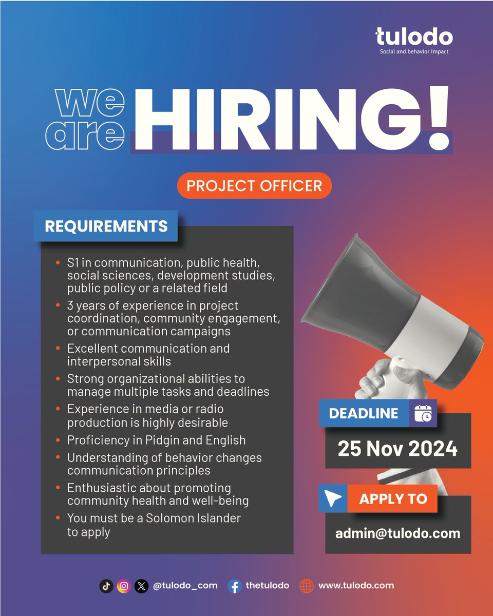 🚨 We’re Hiring! 🚨

Tulodo is looking for a Project Officer: Health Behavior Communications to join our team in the Solomon Islands. 🌍

📄 Submit your resume and cover letter to admin@tulodo.com by 25 November 2024, 11:59 PM SBT (UTC+11:00).

🔗 s.id/POSITulodo